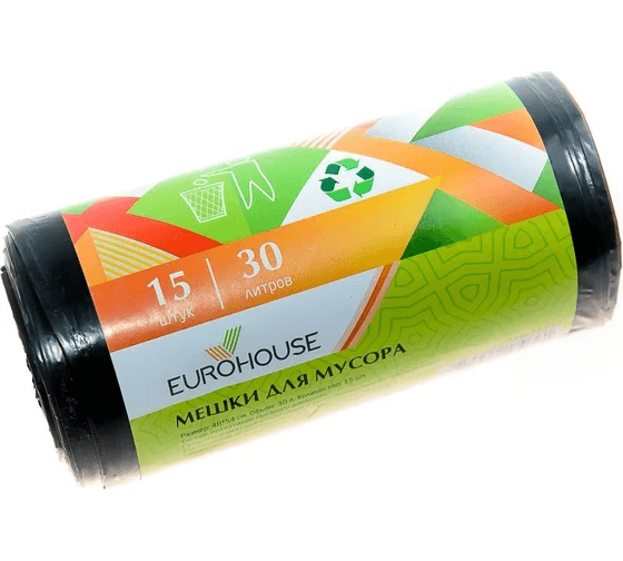 EUROHOUSE Мешки для мусора 30л/15шт, ПНД 25мкм. 60 /13153/
